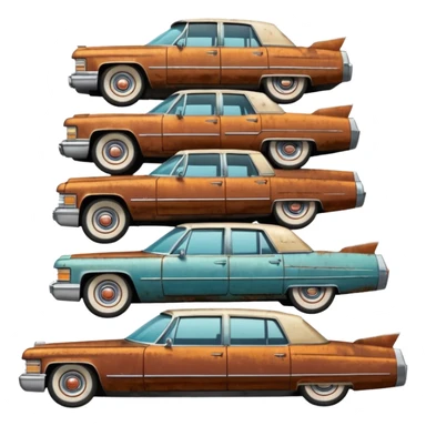 Cinematic realistic ultra HD - a pile of old vintage cadillac cars stacked in a pyramid sticker