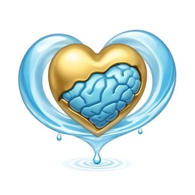 Golden floating capsule wrapped in soft blue liquid waves, slowly spinning around a translucent heart and a shining brain, with flashes of calmness that expand like waves in water sticker