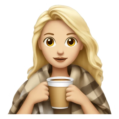 blonde girl in with a blanket and a latté coffe sticker