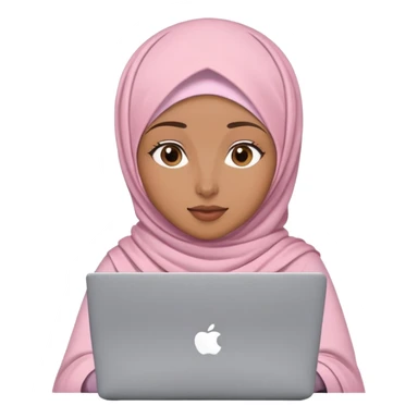 Light brown skin woman wearing modern loose light pink hijab working behind laptop sticker