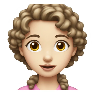 young girl with pale skin, gray eyes, chest-length curly brown hair with pink lips sticker