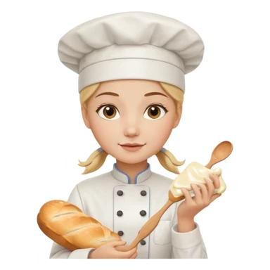 Young female baker - white chef hat, holding cream piping bag to milk oil on bread sticker
