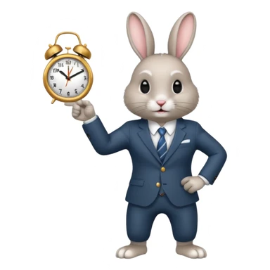 A rabbitwearing a suitand holding a clockand pointing at the clock sticker