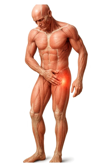 CORPO UMANO ANATOMICO A FIGURA INTERA REALISTICO CHE SI TOCCA L'ANCA INFIAMMATA, DOLORE ALL'ANCA, IPERREALISTICO 4K sticker