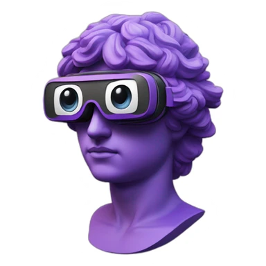 an EMOJI OF A ancient young greek statue, wearing VR headset, purple colors, DIGITAL UNIVERSE sticker