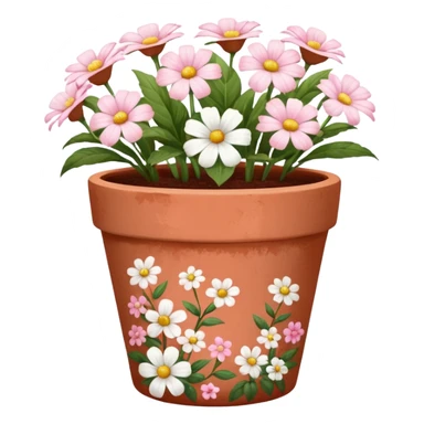 plant pot in terra cota with white and pink flowers print painted on the pot sticker