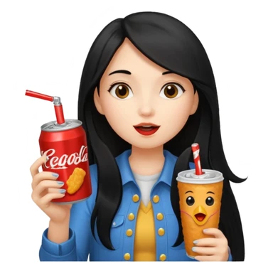 girl with long black hair eating with mouth on the chicken nugget and holding a soda can sticker