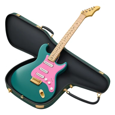 minimalist electric guitar in dark green with pink and blue stripe decal, closed inside a black rectangular hard case with gold latches, flat semi-3D style, soft matte textures, simplified details, stylized decal accent sticker