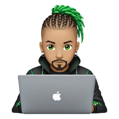 Light skinned African American male with green eyes as a cyberpunk hacker with cornrows hairstyle but short cornrows  with lite goatee facial hair  coding on laptop  sticker