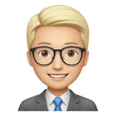 smiling Asian consultant, 35, short blond slicked-back hair, big glasses sticker