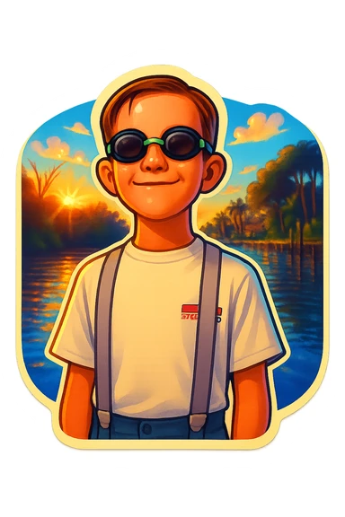 Combine the background of the first image showing a canal and sky with the person from the second image, a boy with goggles and suspenders, in the foreground. Create a vibrant and playful sticker-like look in retro stickers style. sticker