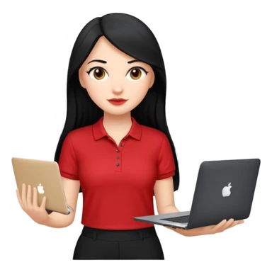 Gere um emoj estilo IOS de uma garota branca, de longos cabelos pretos vestida com um uniforme composto por uma blusa gola Polo vermelha e uma calça pantalona preta. Ela deve segurar em uma das maos um mackbook sticker