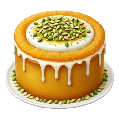 A small round emoji of traditional kanafeh with golden-orange crispy threads, a gooey white cheese center, and a light sprinkle of green pistachios. Warm and delicious-looking. sticker