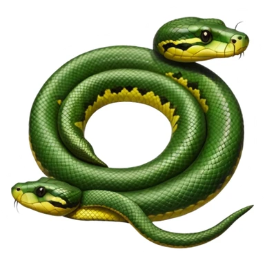 A photo-realistic top-down view of a Green Anaconda tightly coiled in a spiral, with its broad, flat head resting at the center. Its thick, muscular body is olive-green and covered in symmetrical, bold black oval spots that stand out against its smooth scales, creating striking natural camouflage. sticker