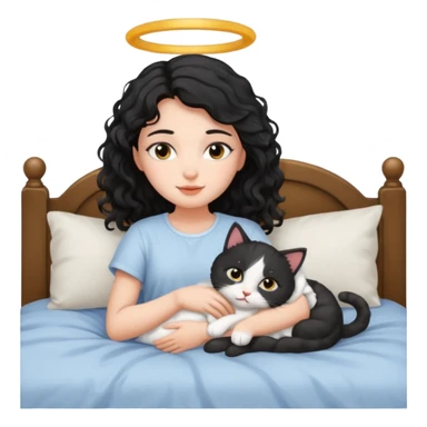 angelic black wavey hair girl in the bed with her cat sticker
