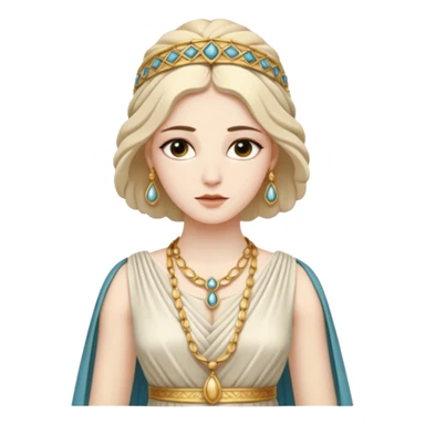 An emoji portrait of a Greek noblewoman. She wears a peplos dress with intricate folds and gold jewelry. Her expression is calm and intelligent. sticker