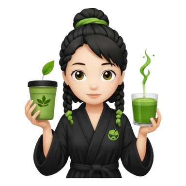 Fair skinned girl, black one braid hair wearing black bathrobe, holding a matcha sticker