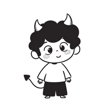 hand-drawn chibi demon with big innocent eyes, small pointy tail, and adorable expressive face sticker