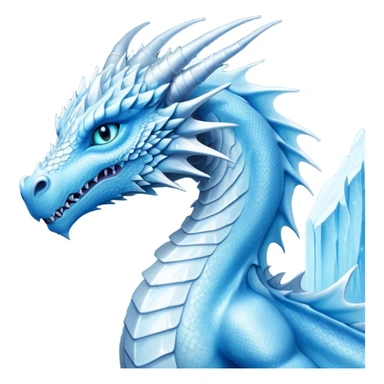 Cinematic Noble elegant Ice Dragon Portrait Emoji, Poised and imposing, distinct long elegant snout, with a slender, scaled body shimmering in glacial hues of icy blue, frostbitten silver, and crystalline white, breathing out frost, with piercing, glowing ice blue white eyes that radiate the chilling depths of an arctic storm; rendered in detail. excuding wisdom sticker