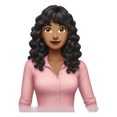 woman with long black curly hair and bangs and dark brown eyes, wearing a pastel pink blouse sticker