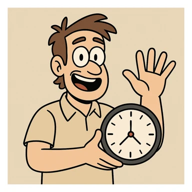 male character holding a clock in one hand, other hand raised showing five fingers, modern illustration sticker