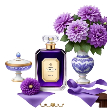 An ornate dark amethyst French-style perfume bottle, adorned with filigree accents, sits beside a porcelain dish of violet-hued petals. Lush periwinkle dahlias spill from a crystal vase, their soft petals contrasting with the bottle’s rich purple tones. A silk ribbon in muted lilac drapes across the wooden dresser, completing the dreamy vintage scene. The faint aroma of iris and musk lingers, reminiscent of an old-world Parisian boudoir. sticker