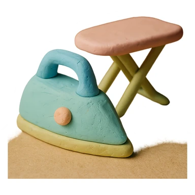 iron and ironing board in claymation style, pastel colors, visible fingerprints, soft matte finish sticker