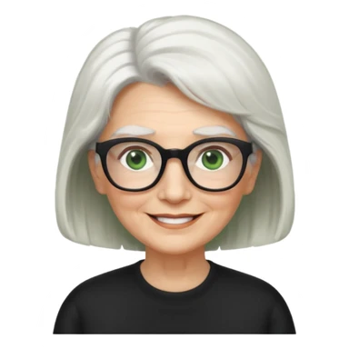 White hair grandma, green eyes, hair to shoulder, lokeg black glasses, rectangles face, smile , sticker