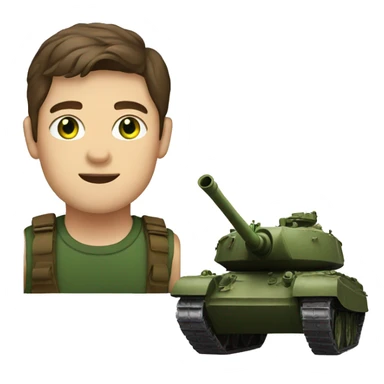 A man with brown hair and green eyes, driving a tank sticker