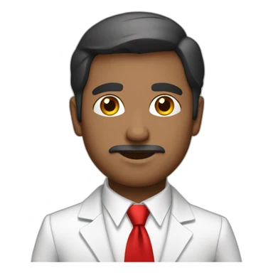 Generate an Indian man with white suite and red tie with black bag sticker