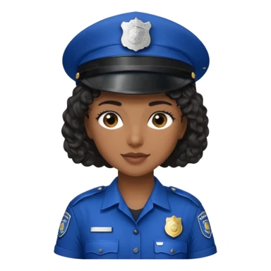 A female police officer with medium-dark skin tone, wearing a dark blue police cap with a silver badge in the center, short curly black hair showing from under the cap, large brown eyes, and a slight smile. sticker