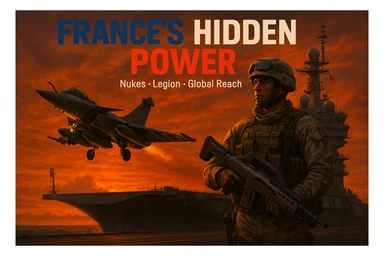 epic dusk scene of Rafale jet taking off from Charles de Gaulle carrier with orange sunset, foreground showing a Legionnaire in desert camo with a sci-fi rifle, bold tricolor headline 'FRANCE’S HIDDEN POWER' with subtext 'Nukes • Legion • Global Reach', cinematic, 8K resolution sticker