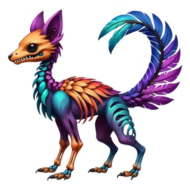 Rare colorful gradients colored realistic dark edgy glossy shiny tropical tribal patterned feathery skeletal badass epic pretty beautiful handsome gorgeous aesthetic colorful vibrant Vernid-Trico-species-Fakemon-creature by LiLaiRa, 4 legs, 1 tail, random markings, (full body) sticker