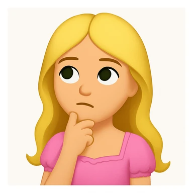 Edit the image to depict a long-haired blonde with swamp eyes wearing a pink pastel dress, in the style of iOS emoji. Match all features from the reference image but change the emotion to thoughtful. sticker