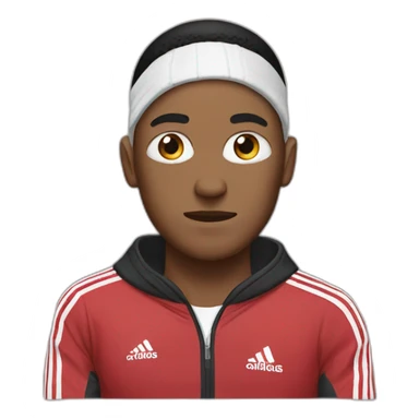 guy in an adidas tracksuit with a bandage on his ear and a black eye sticker