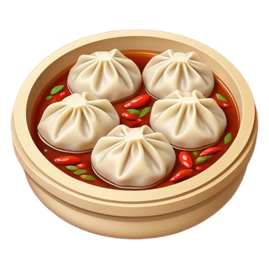 Chongqing Zhong Dumplings with red chili oil sauce, simplified emoji style with bold outlines and bright colors, cartoon style Sichuan spicy boiled dumplings sticker