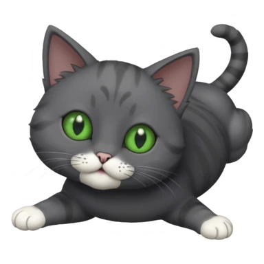 solid dark grey cat with green eyes, completely solid grey face, white toes/paws playing rolling upside down sticker
