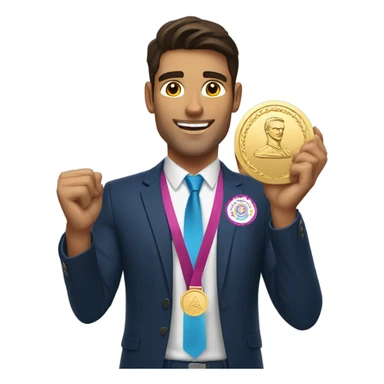 Handsome brunette man triumphantly holding a Olympic gold medal sticker