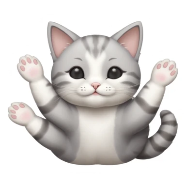 grey and white small cat with eyes closed lying down upside down with paws stretched out straight in different directions sticker