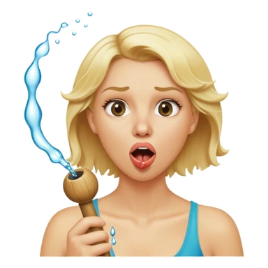 blond woman biting a wide stick with a round knob, both the same color as her skin, the knob has visible skin texture, water jet shooting from the knob into her mouth, surprised look sticker