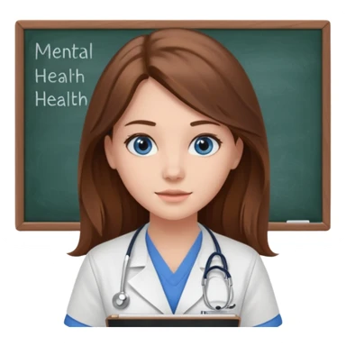 university classroom that says Mental Health Nursing on the blackboard with a pretty female nursing student with long brown hair, blue eyes sticker