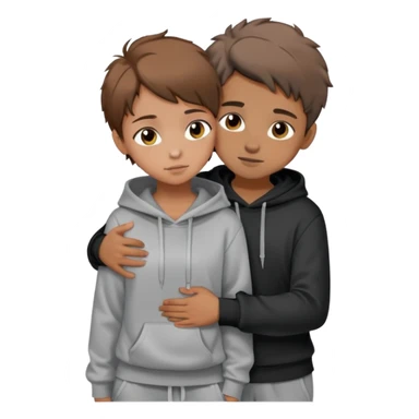 A boy with light brown skin and short messy brown hair  is hugging a girl with light brown skin and short hair.They are both wearing a black hoodie and grey sweatpants sticker