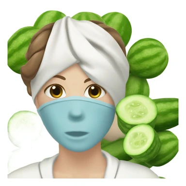 White girl with Brown hair and blue eyes wears a Green colored clay mask and puts on cucumbers around her eyes while She relaxes in her white Robe sticker