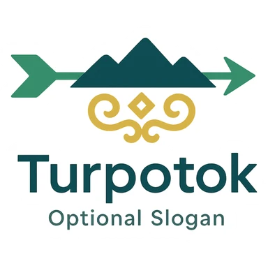 Modern minimalist logo for Turpotok with a stylized Kurai arrow, Ural Mountains silhouette, and subtle Bashkir ornamentation. Text 'Turpotok' in a modern sans-serif font with optional slogan. Color palette reflecting Bashkir culture and natural beauty sticker