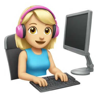 blonde hair blue eyed girl pink headphones and computer sticker
