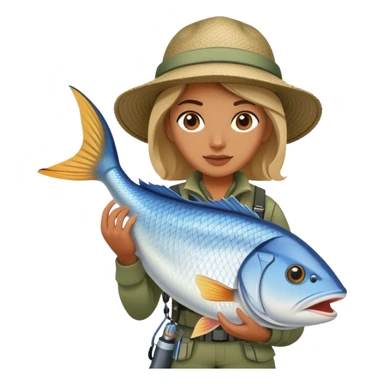 Woman carrying huge fish sticker