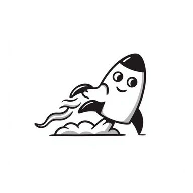A hand-drawn toy rocket with a silly grinning face and flame trail sticker