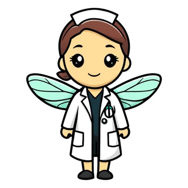 A cute female, ￼dragonfly that’s a scientist wearing a lab coat sticker