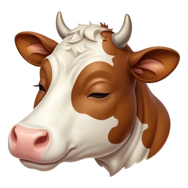Meme-Worthy Cute Sleeping Brown and White Cow Portrait Emoji, Head resting peacefully with a contented smile, showcasing a robust build and a luxuriously soft patterned hide of brown and white, eyes shut in a serene, restful nap, Simplified yet hilariously adorable features, highly detailed, glowing with a soft, drowsy light, high shine, relaxed and utterly lovable, stylized with an air of playful laziness, bright and heartwarming, soft glowing outline, capturing the essence of a comically sleepy cow, so meme-worthy it feels like it could instantly become the next viral sensation of adorable slumber! sticker