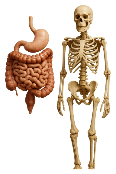 intestino umano anatomico e ossa umano anatomico fluttuano in aria, iperrealistico 4k sticker